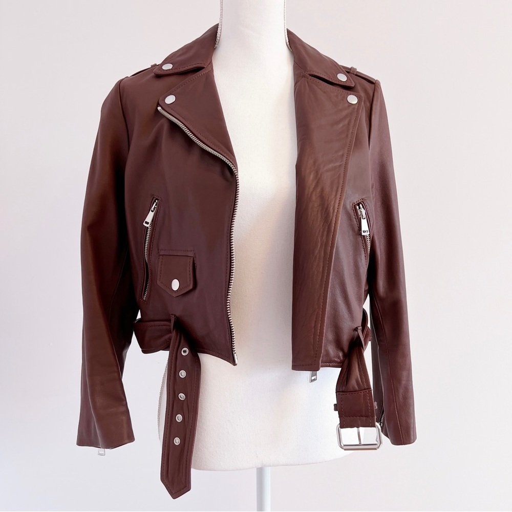 Like New Lab London Leather Jacket, Cropped Moto Jacket, Oxblood Red, UK 14/US10